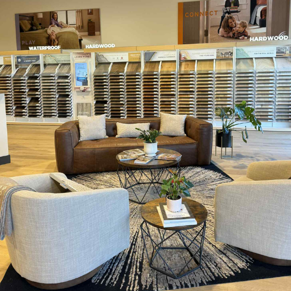 Carpet One New Bern sitting area by hard surface flooring display